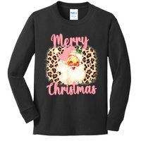 Pink Vintage Santa Claus Merry Christmas Leopard Kids Long Sleeve Shirt