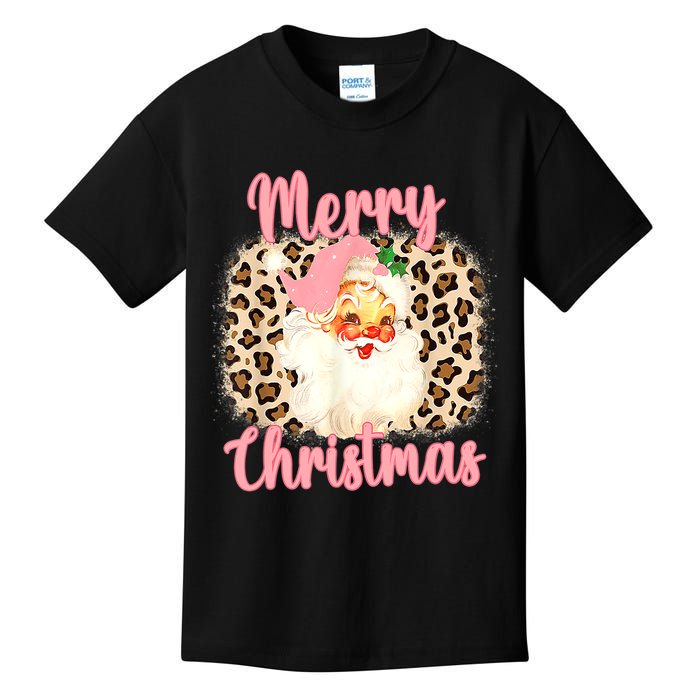 Pink Vintage Santa Claus Merry Christmas Leopard Kids T-Shirt