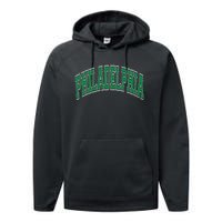 Philadelphia Varsity Style Green Text Performance Fleece Hoodie