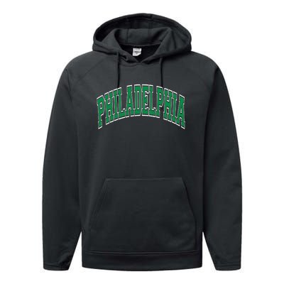 Philadelphia Varsity Style Green Text Performance Fleece Hoodie