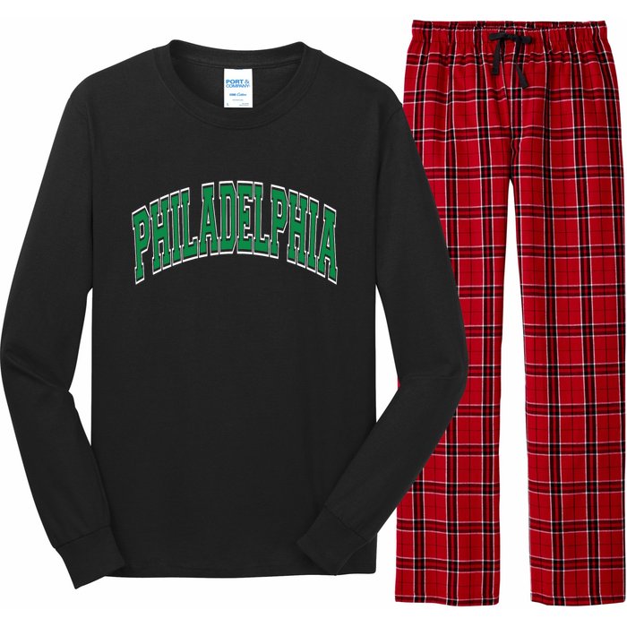 Philadelphia Varsity Style Green Text Long Sleeve Pajama Set