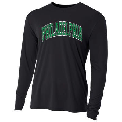 Philadelphia Varsity Style Green Text Cooling Performance Long Sleeve Crew