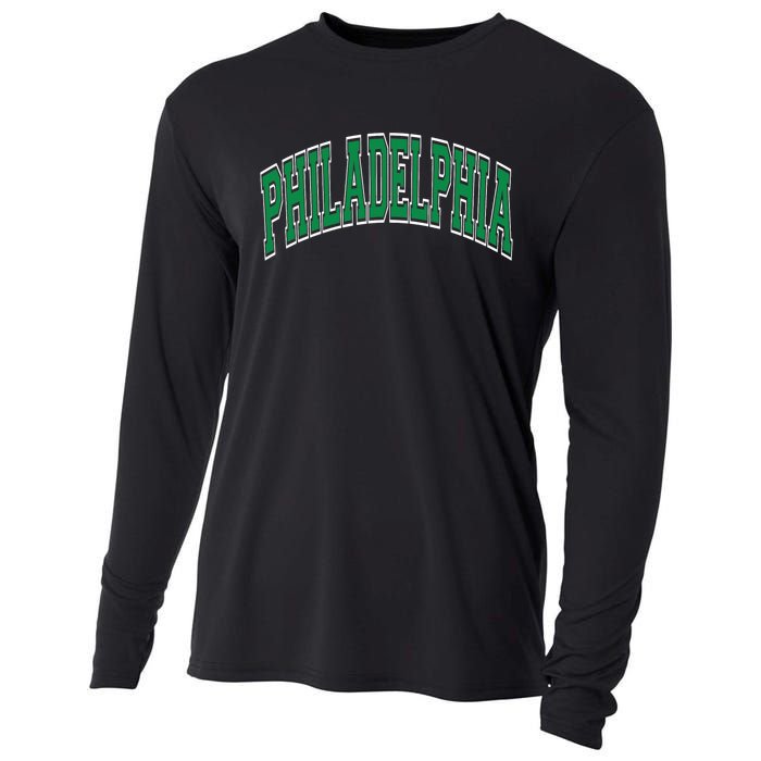 Philadelphia Varsity Style Green Text Cooling Performance Long Sleeve Crew