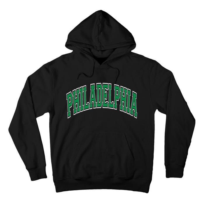 Philadelphia Varsity Style Green Text Tall Hoodie