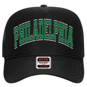 Philadelphia Varsity Style Green Text High Crown Mesh Back Trucker Hat