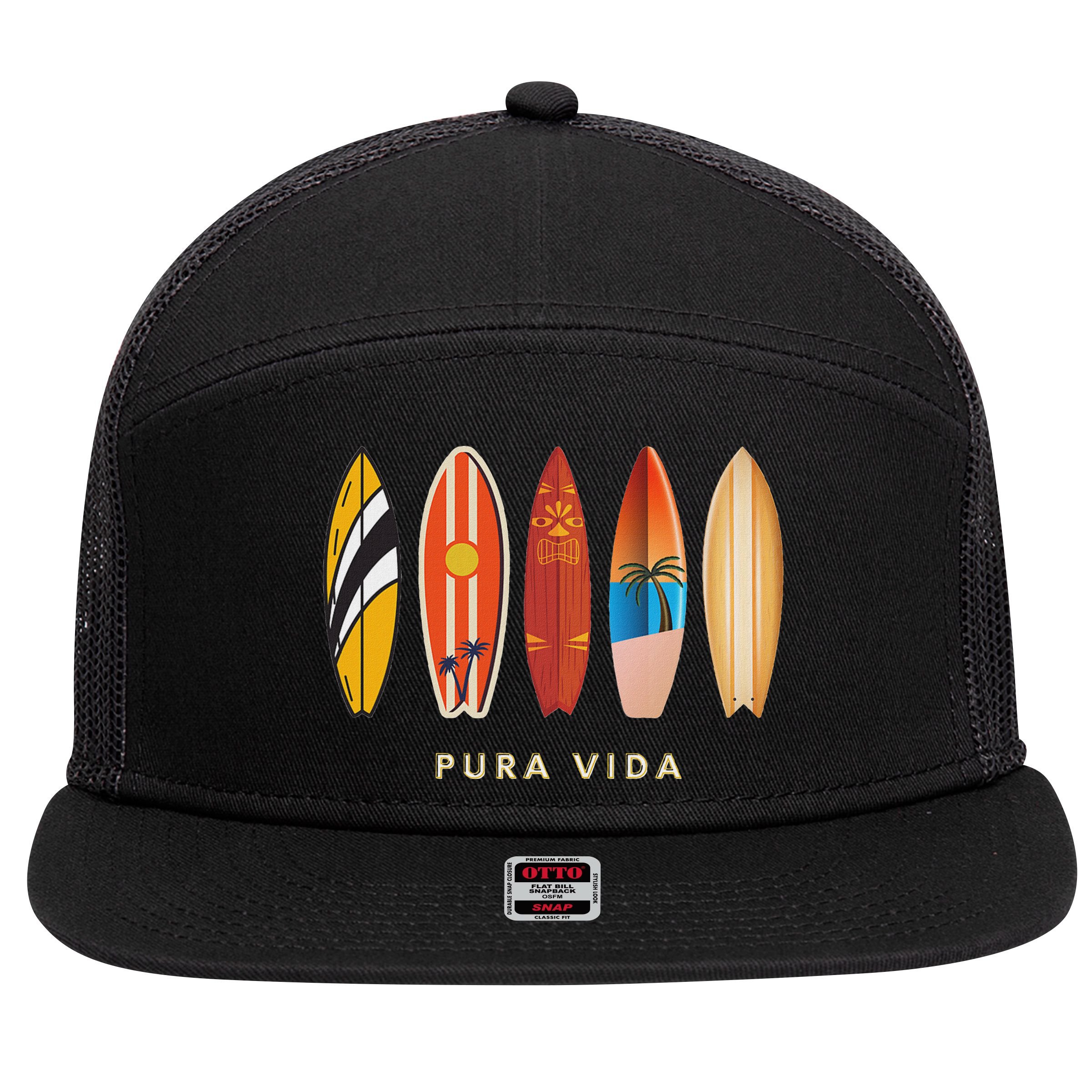 Pura Vida Surfboards Costa Rica Surfing 7 Panel Mesh Trucker Snapback Hat