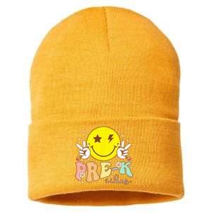 PreK Vibes Team Retro Smile Face First Day Of School Sustainable Knit Beanie