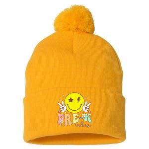 PreK Vibes Team Retro Smile Face First Day Of School Pom Pom 12in Knit Beanie