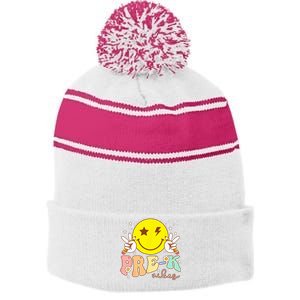 PreK Vibes Team Retro Smile Face First Day Of School Stripe Pom Pom Beanie