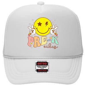 PreK Vibes Team Retro Smile Face First Day Of School High Crown Mesh Back Trucker Hat