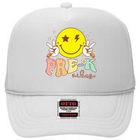 PreK Vibes Team Retro Smile Face First Day Of School High Crown Mesh Back Trucker Hat