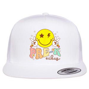 PreK Vibes Team Retro Smile Face First Day Of School Flat Bill Trucker Hat