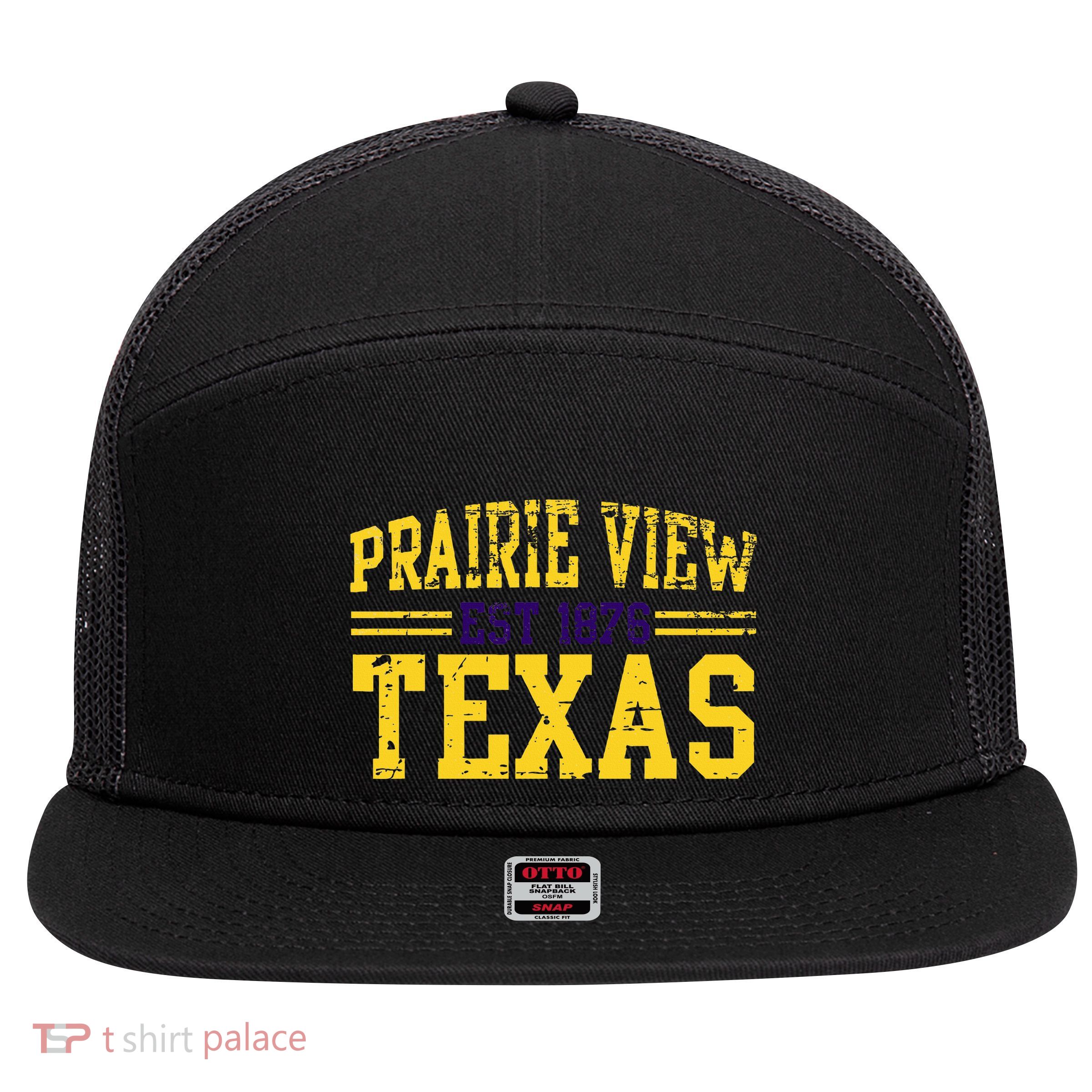 Prairie View Texas Prairie Gift Distressed 7 Panel Mesh Trucker Snapback Hat