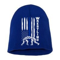 Patriotic Vintage Usa American Flag Wrestler Wrestling Cool Gift Short Acrylic Beanie