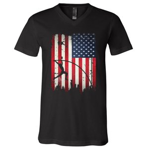 Pole Vault USA American Flag 4th of July Jump Sports Gift V-Neck T-Shirt