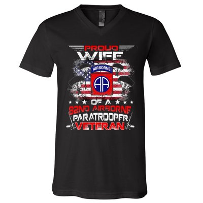 Proud Wife 82nd Airborne Paratrooper Veteran Flag V-Neck T-Shirt