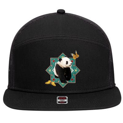 Panda With Butterflies 7 Panel Mesh Trucker Snapback Hat