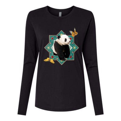 Panda With Butterflies Womens Cotton Relaxed Long Sleeve T-Shirt