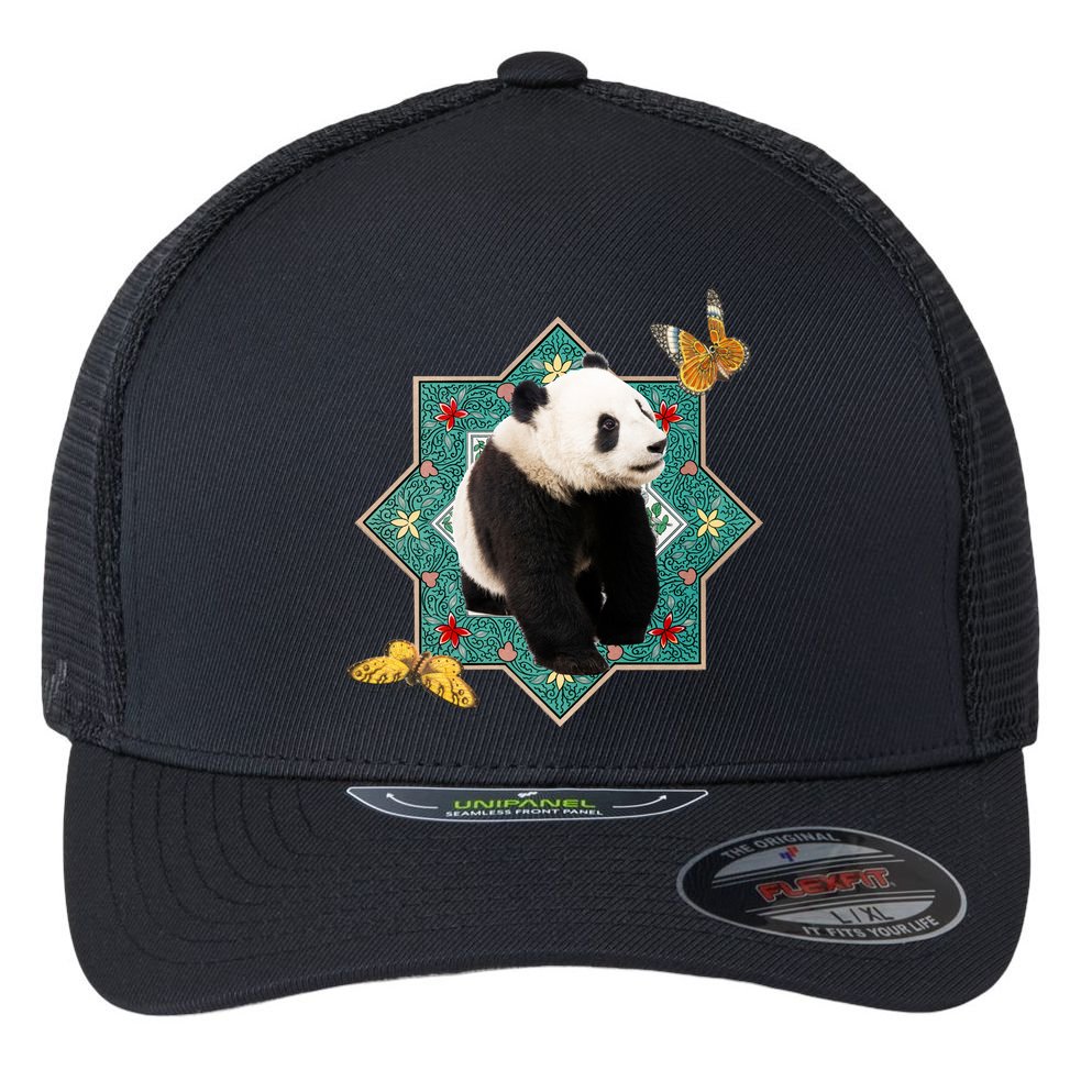 Panda With Butterflies Flexfit Unipanel Trucker Cap