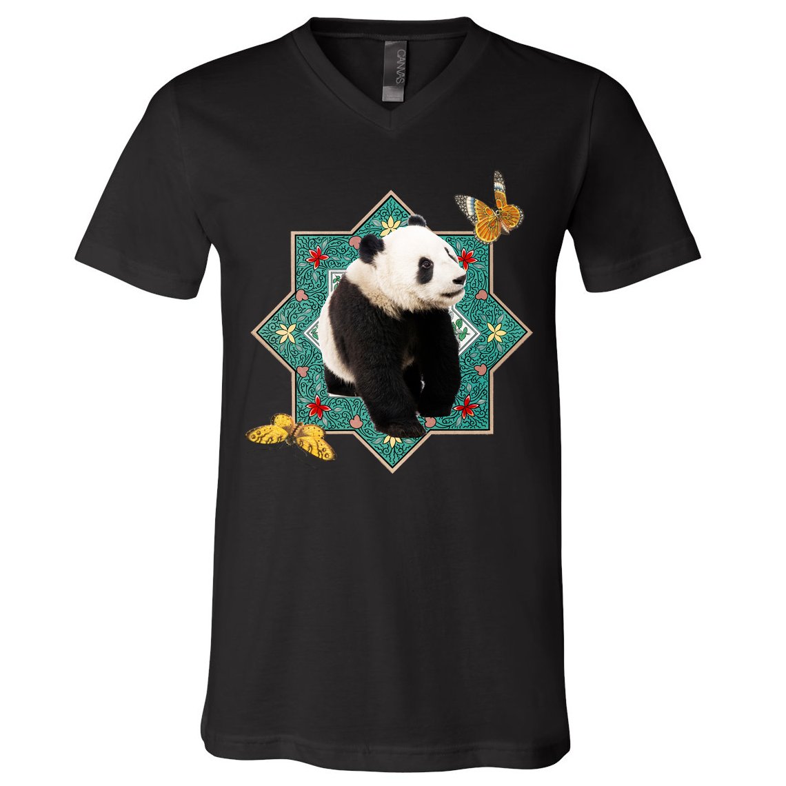 Panda With Butterflies V-Neck T-Shirt
