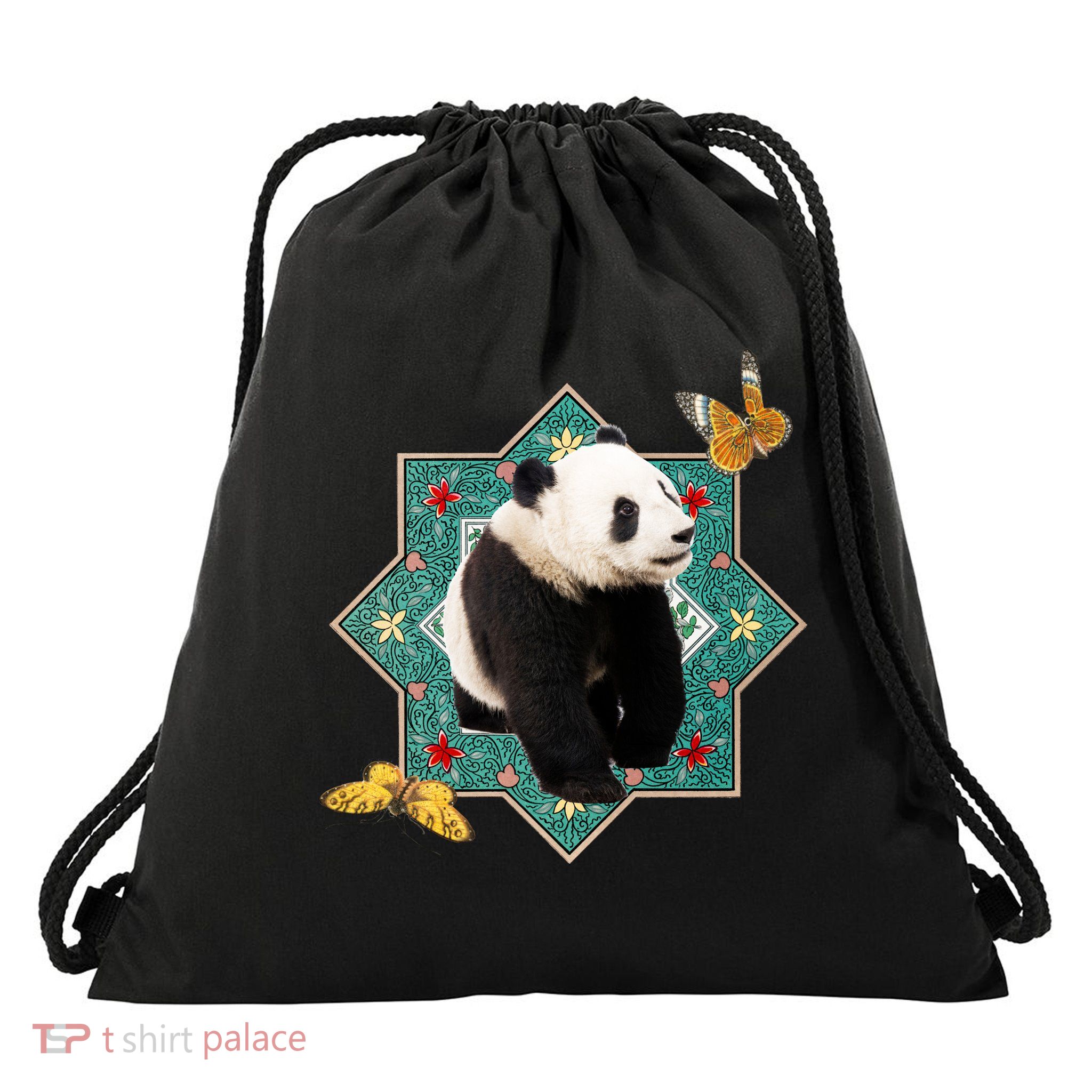 Panda With Butterflies Drawstring Bag