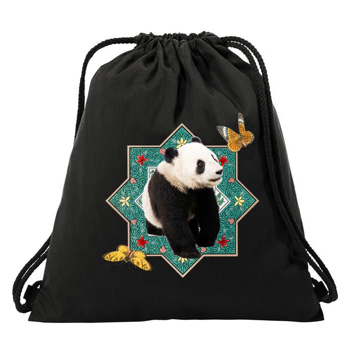 Panda With Butterflies Drawstring Bag