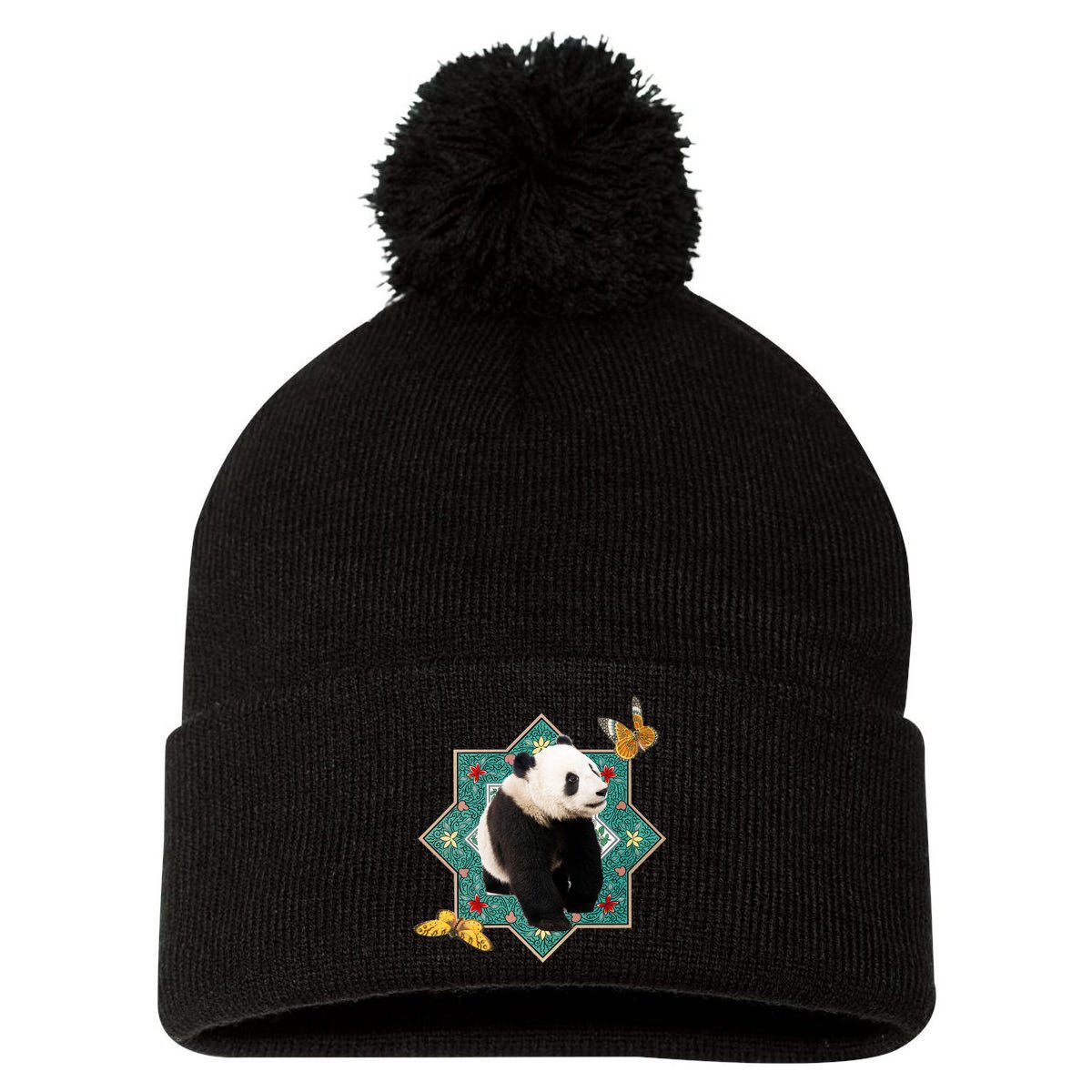 Panda With Butterflies Pom Pom 12in Knit Beanie