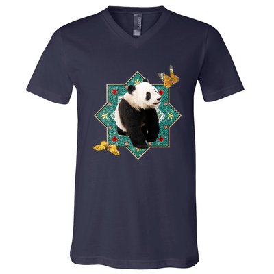 Panda With Butterflies V-Neck T-Shirt