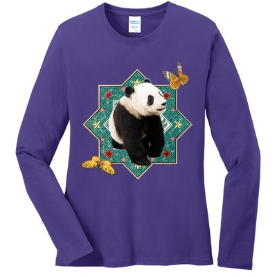 Panda With Butterflies Ladies Long Sleeve Shirt