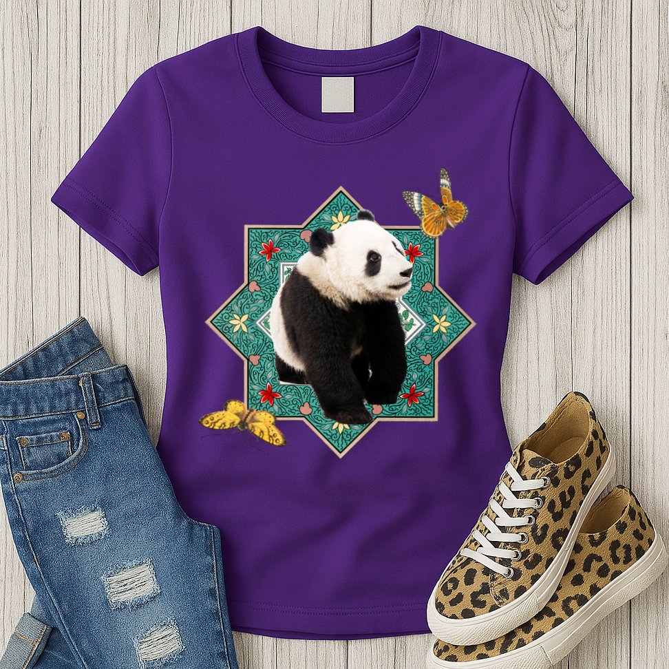 Panda With Butterflies Womens T-Shirt