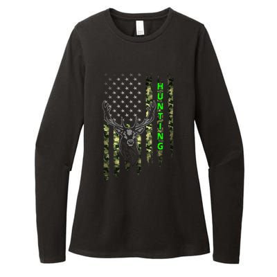 Patriotic Whitetail Buck Deer Hunting American Camouflage Womens CVC Long Sleeve Shirt