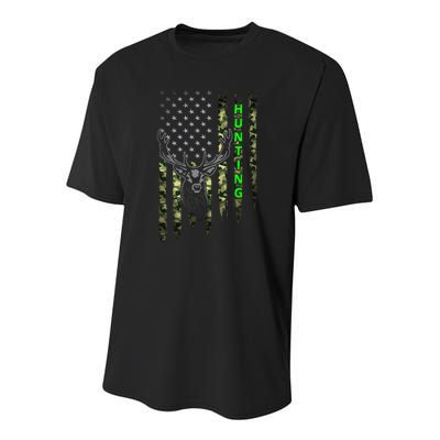 Patriotic Whitetail Buck Deer Hunting American Camouflage Youth Performance Sprint T-Shirt