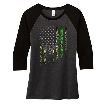 Patriotic Whitetail Buck Deer Hunting American Camouflage Women's Tri-Blend 3/4-Sleeve Raglan Shirt