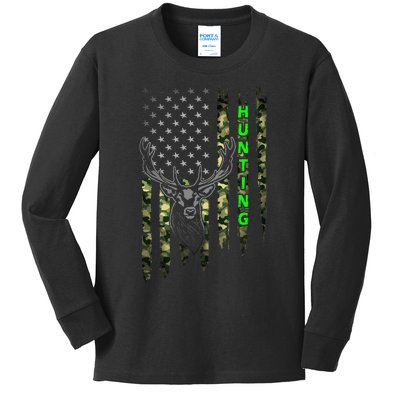 Patriotic Whitetail Buck Deer Hunting American Camouflage Kids Long Sleeve Shirt