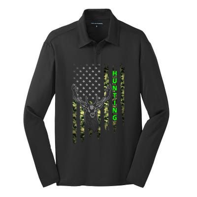 Patriotic Whitetail Buck Deer Hunting American Camouflage Silk Touch Performance Long Sleeve Polo