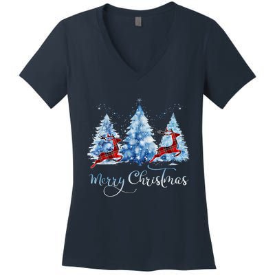 Pretty Wintery Buffalo Plaid Reindeer Merry Christmas Women's V-Neck T-Shirt