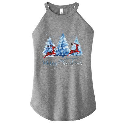 Pretty Wintery Buffalo Plaid Reindeer Merry Christmas Women’s Perfect Tri Rocker Tank