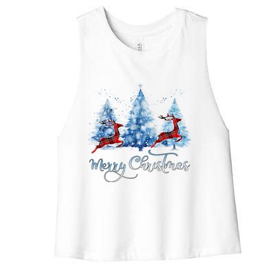 Pretty Wintery Buffalo Plaid Reindeer Merry Christmas Women's Racerback Cropped Tank