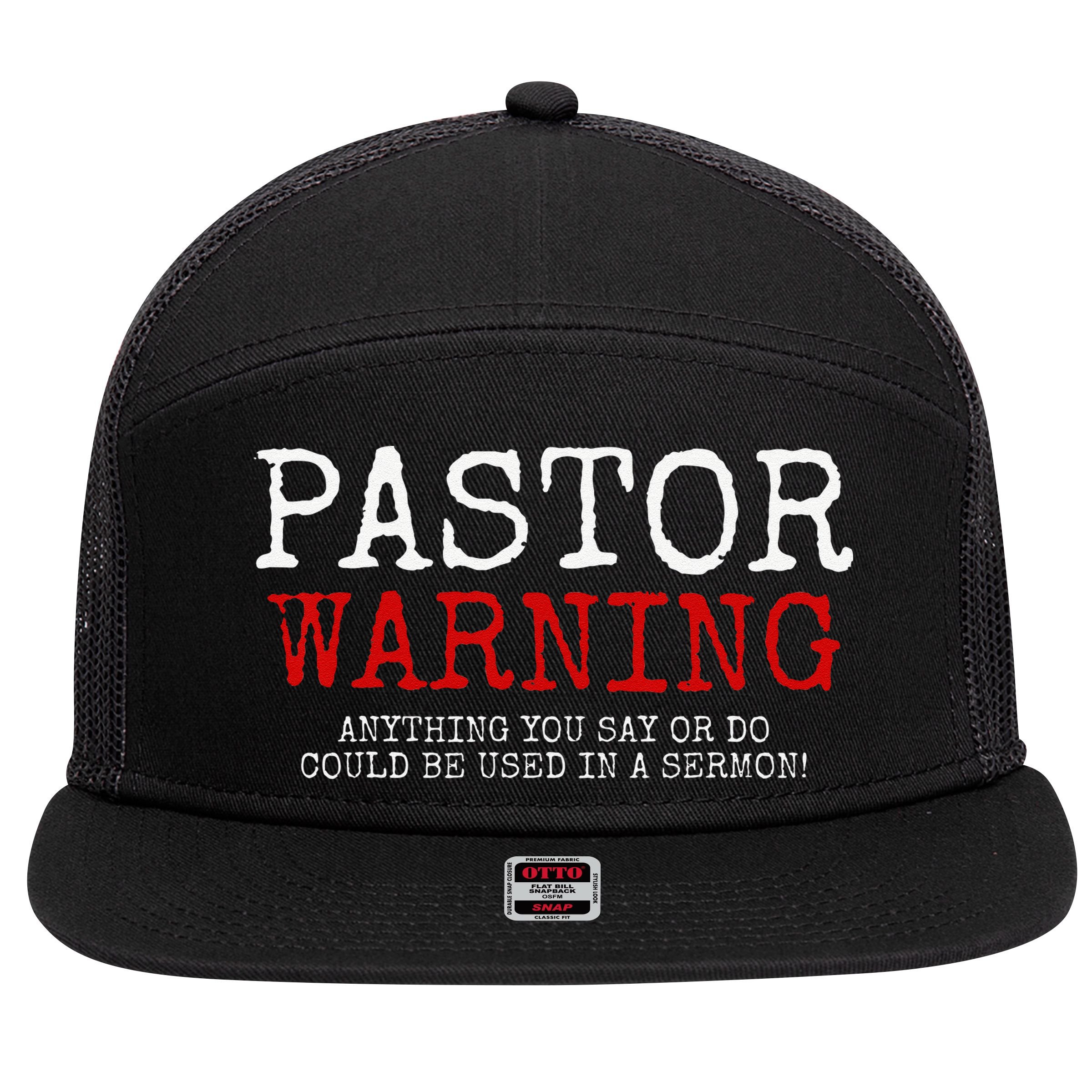 Pastor Warning Church Religious Faith Jesus Funny Christian 7 Panel Mesh Trucker Snapback Hat