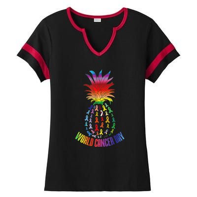 Pineapple World Cancer Day Awareness Saying Ladies Halftime Notch Neck Tee