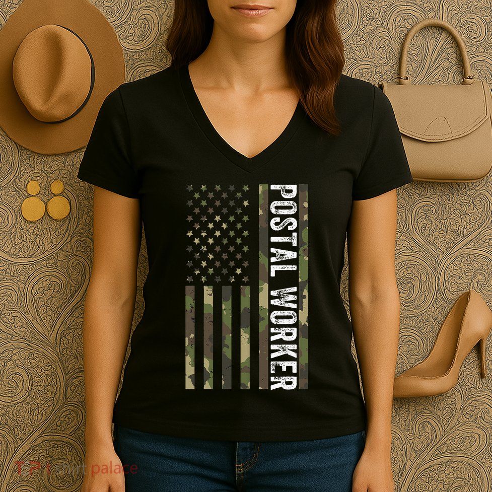Postal Worker Camouflage American Flag Us Postal Service Women's V-Neck T-Shirt