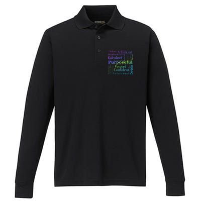 Purposeful Word Cloud Art Achiever Motivation Inspirational Performance Long Sleeve Polo