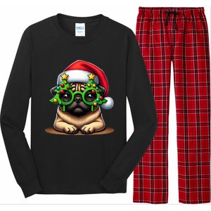 Pug Wearing Christmas Tree Glasses Gift Long Sleeve Pajama Set