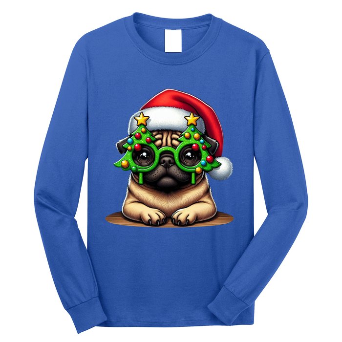 Pug Wearing Christmas Tree Glasses Gift Long Sleeve Shirt