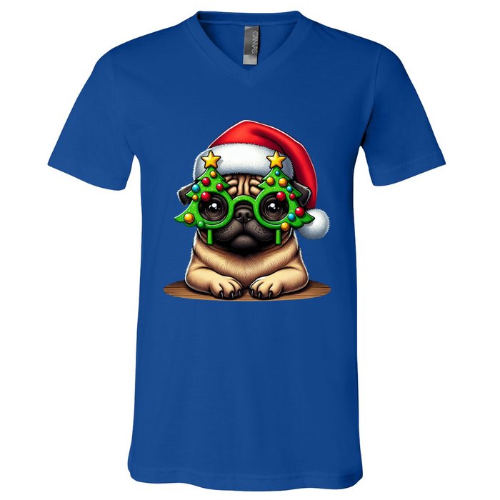 Pug Wearing Christmas Tree Glasses Gift V-Neck T-Shirt