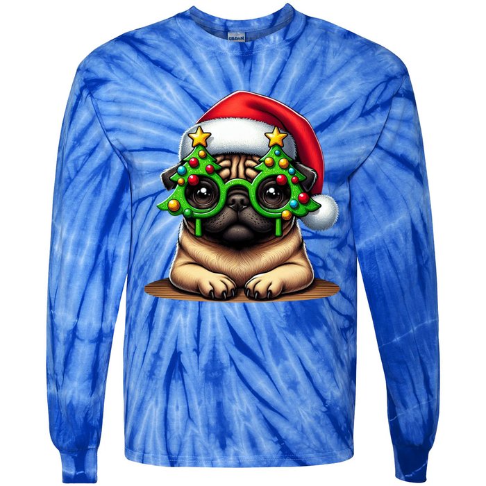 Pug Wearing Christmas Tree Glasses Gift Tie-Dye Long Sleeve Shirt