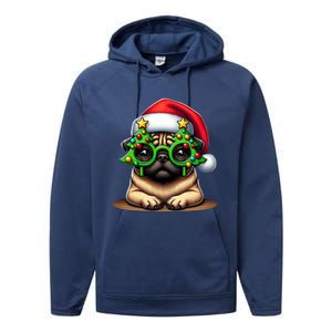 Pug Wearing Christmas Tree Glasses Gift Performance Fleece Hoodie