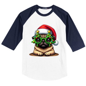 Pug Wearing Christmas Tree Glasses Gift Baseball Sleeve Shirt