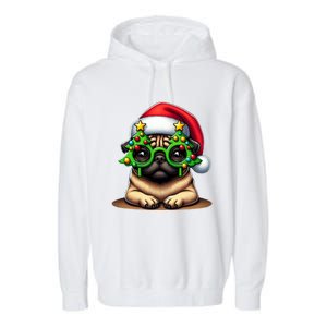 Pug Wearing Christmas Tree Glasses Gift Garment-Dyed Fleece Hoodie