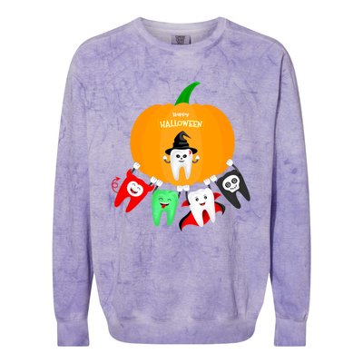 Pumpkin With Dental Squad Halloween Ghost Vampire Cute Teeth Great Gift Colorblast Crewneck Sweatshirt